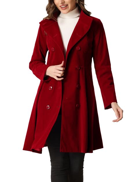 Allegra K Velvet A-Line Coat for Women's Stand Collar Double Breasted ...