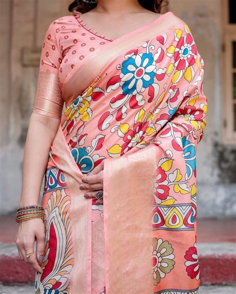 Peach Tussar Silk Saree with Vibrant Floral Kalamkari and Za