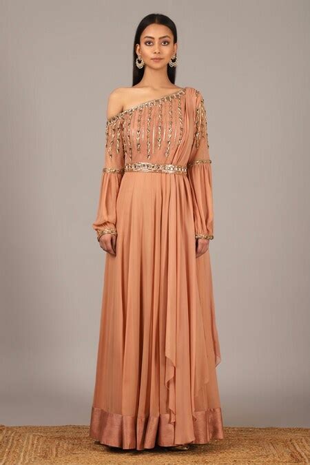 Buy Pink Silk Asymmetric Embroidered One Shoulder Anarkali Gown For ...