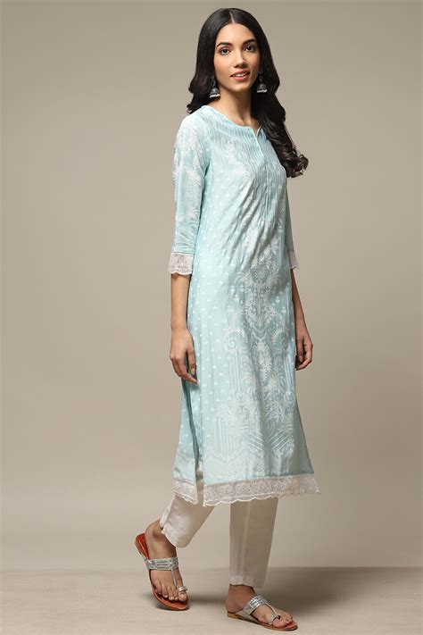 Blue Viscose Straight Printed Kurta