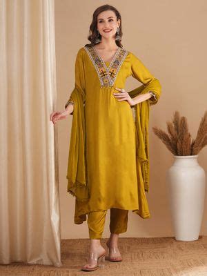 Buy FASHOR Solid Ethnic Embroidered A-Line Green Kurta with Pant ...