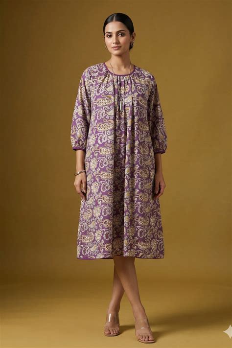 Saffron Purple Paisley Garden Cotton Midi Gather Dress - maati crafts