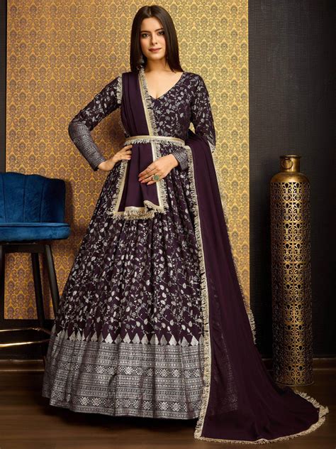 Buy Wine Foil Work Georgette Function Wear Gown From Ethnic Plus