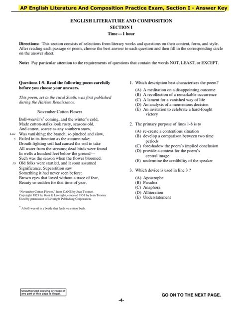 AP English Literature And Composition Practice Exam, Section I - Answer ...