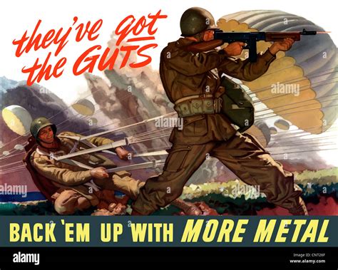 This vintage World War II poster features airborne troops parachuting ...