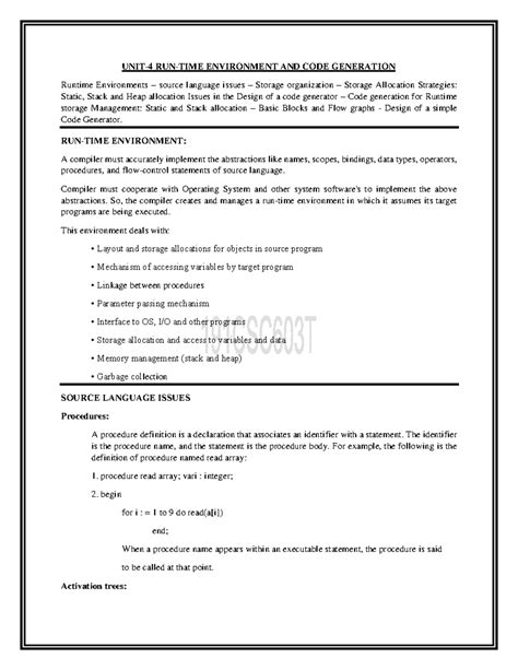 UNIT 4 Notes - UNIT-4 RUN-TIME ENVIRONMENT AND CODE GENERATION Runtime ...