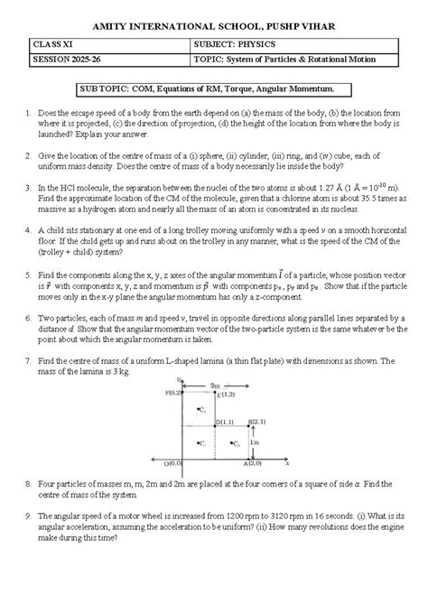 Physics Class XI Assignment: System of Particles & Rotational Motion ...