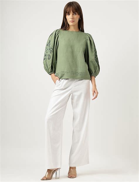 Buy Linen Rich Schiffli Embroidery Blouse at Marks & Spencer