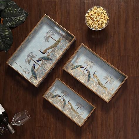 HomeShastra Wooden Serving Tray with Gold Engraving | Set of 3 | Size ...