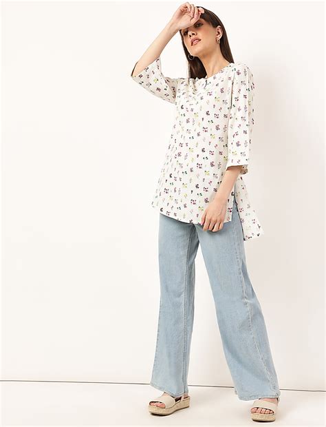 Buy Linen Mix Floral Mandarin Collar Tunic at Marks & Spencer