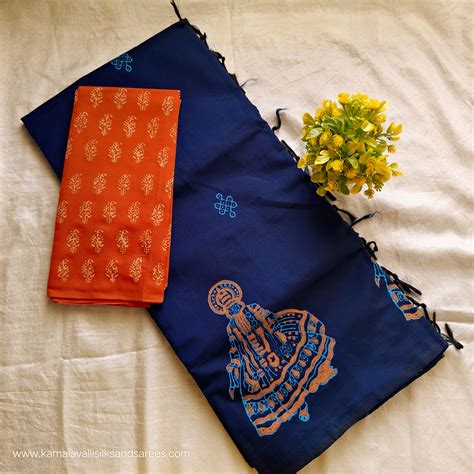 South Cotton Mix Block Printed Saree Royal Blue Colour with Orange col ...