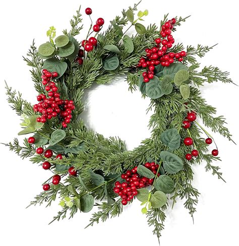 18-Inch Christmas Wreath with Red Berries Eucalyptus and Cedar Leaf ...