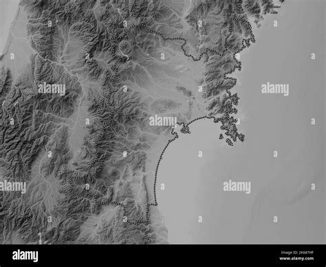 Miyagi, prefecture of Japan. Grayscale elevation map with lakes and rivers Stock Photo - Alamy