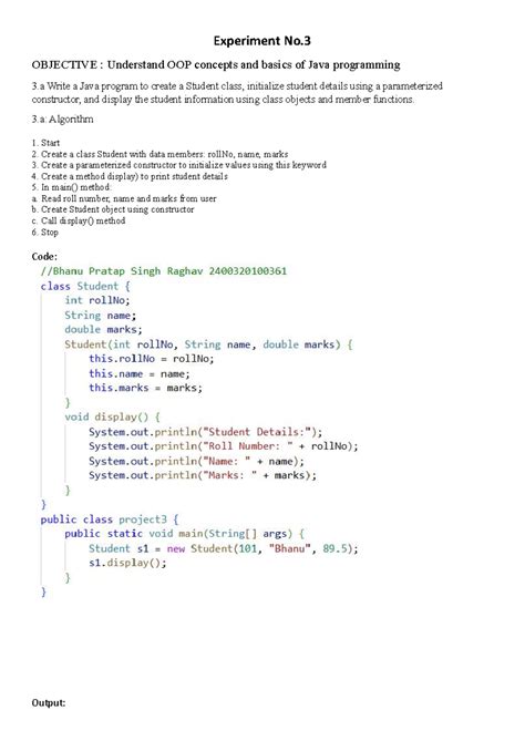 Java Experiment No. 3: OOP Concepts & Java Programming Basics - Studocu