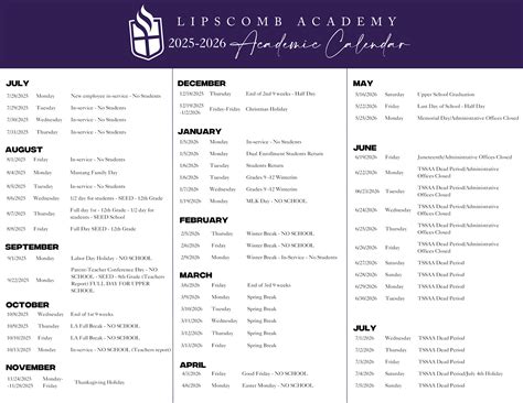 2025-26 Davidson County + Williamson County School Schedules