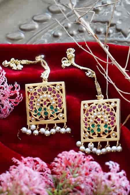 Buy Gold Plated Stone Geometric Shaped Earrings by Devanshi Renu Jewels ...