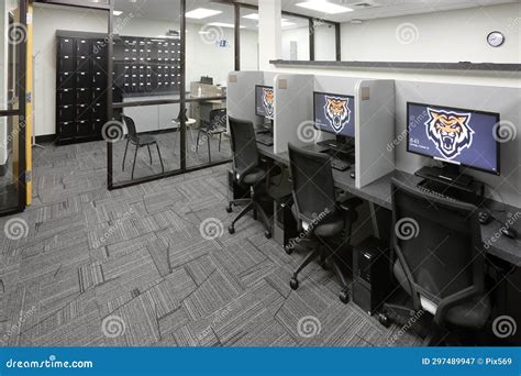 Computer Stations in a Modern University Testing Center. Editorial ...