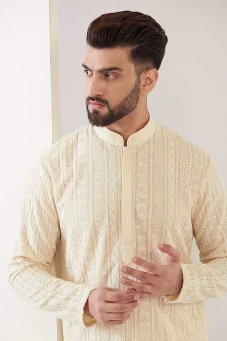 Buy Beige Georgette Embroidery Floral Chikankari Work Kurta For Men by ...