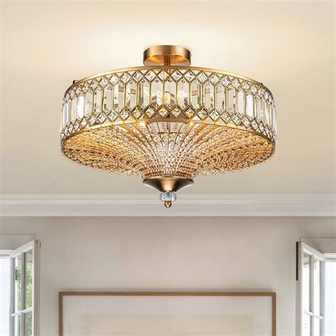 Glowlings 6-Light Modern 20"Wide Drum Gold Crystal Semi Flush Mount