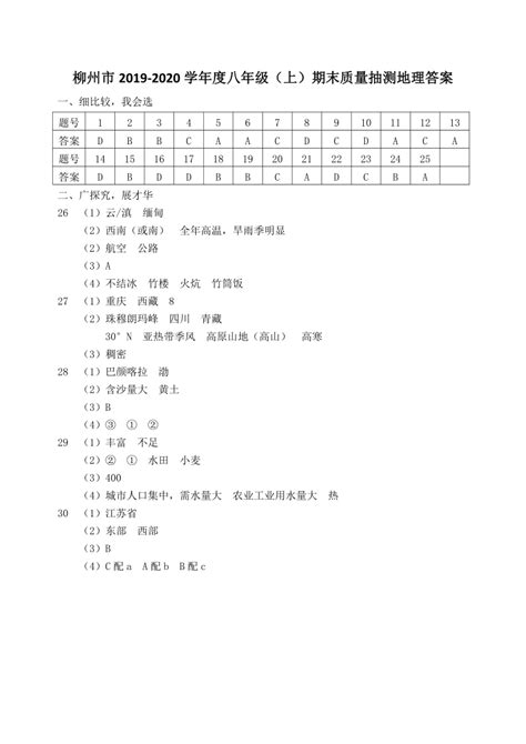 2019--2020学年度广西柳州市人教版（新课程标准）八年级上册地理期末考试卷（PDF扫描版含答案）-21世纪教育网