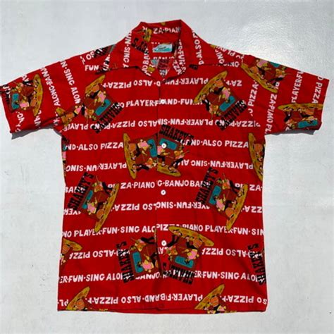 70's Pennys HAWAII ペニーズ コットンアロハシャツ SHAKEY'S PIZZA PARLOR 総柄 赤 レッド オープン ...