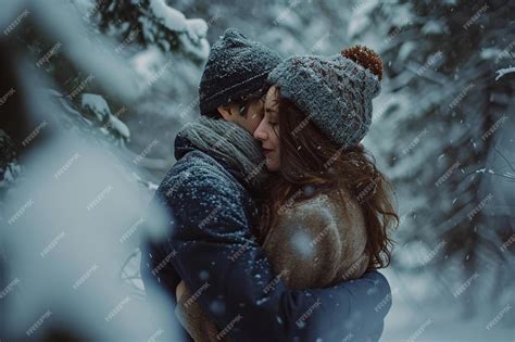 Premium Photo | A man and a woman hugging in the snow