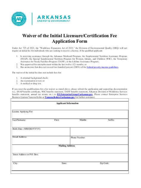 Fillable Online Waiver of the Initial Licensure/Certification Fee ...