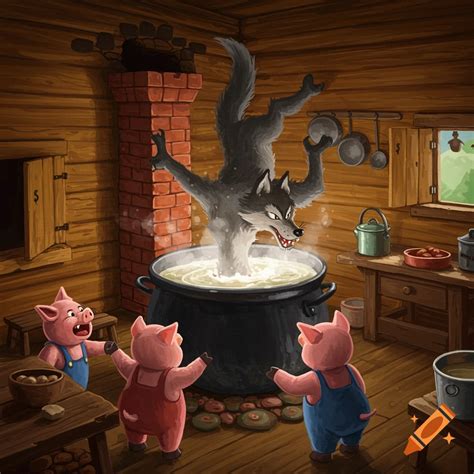 Big bad wolf falling into boiling water, three little pigs watching on ...