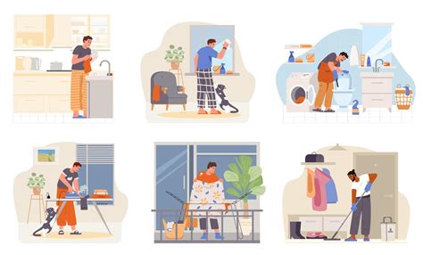 Men of different ethnicity doing house chores scenes flat set. Men ...