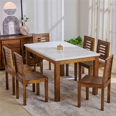 Buy Adana Marble Top 6-Seater Dining Table Set with Chairs - Brown from ...