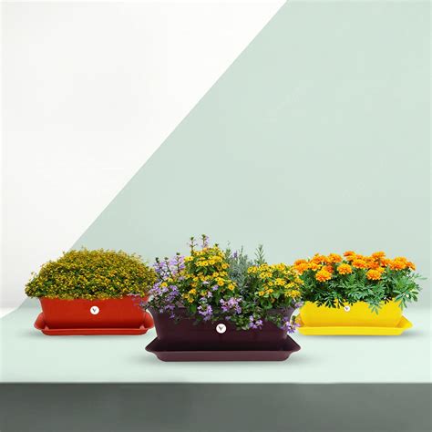 VINSHRA 20 Inch Pots Set of 3 Rectangular Brownish Purple Yellow & Red ...