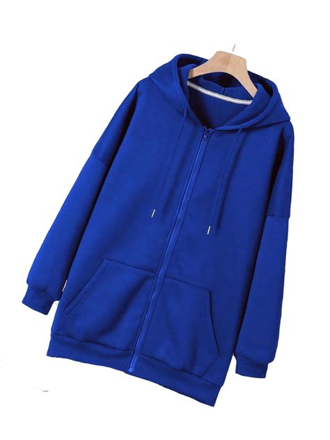 Casual Solid Zip Up Hoodie Royal Blue Plus Size Sweatshirts - Walmart.com