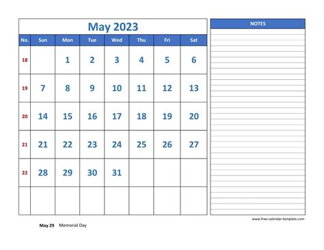 May Calendar 2023 Template - Printable Word Searches