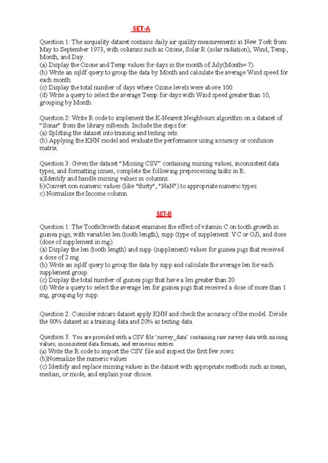 CA1 Question with dataset - SET-A Question 1: The airquality dataset ...