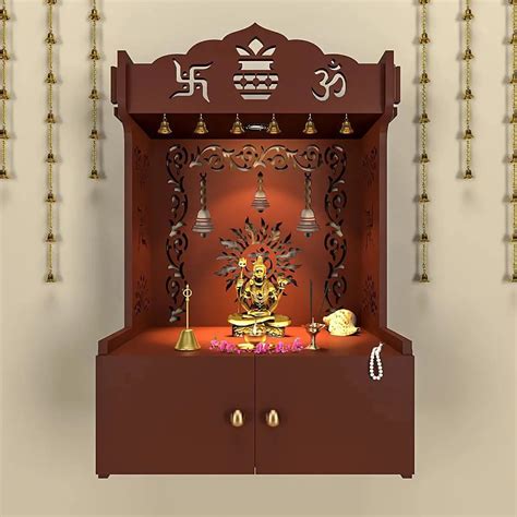 Brown Wooden Wall Mounted Temple with Om-Swastik Carving Pooja Mandir ...