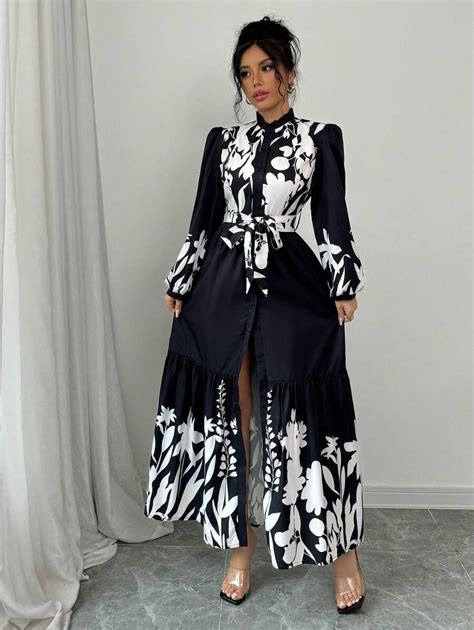 Calvaya Women's Long Sleeve Placement Floral Shirt Style Dress | SHEIN USA