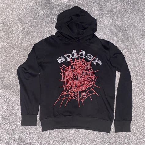 Sp5der black and red rhinestone hoodie size L barley... - Depop