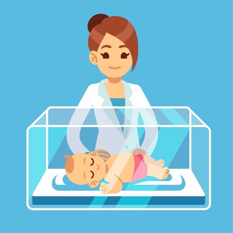 Pediatrician doctor and little newborn baby inside incubator box in ...