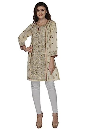 Buy BDS Chikan Cotton Base Lemon Colour kurti For Woman Brown & Lemon ...