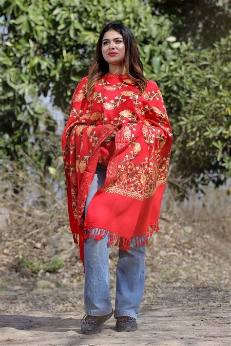 Red color aari work embroidered shawl enriched with running jaal