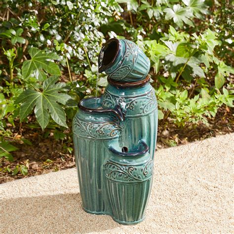 27.25"H Embossed Pattern Ceramic Pots 4-Tier Outdoor Fountain with LED ...