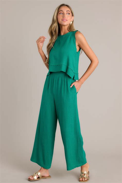 Linen Blend Green Wide Leg Pants - All Pants | Red Dress