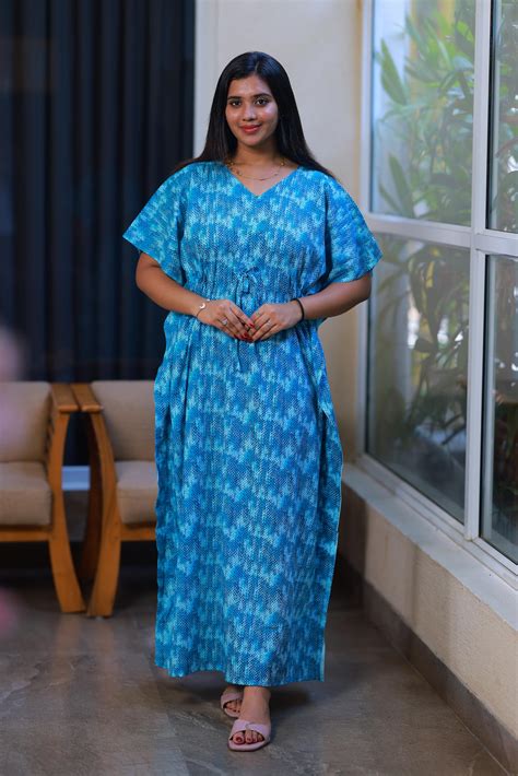 Dark Blue With Blue casual cotton kaftan with center zip – AHA Nightwears