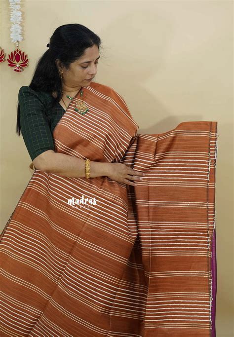 Rust Brown - Jute Tussar Silk saree with 3D weaving body – Madras Sarees