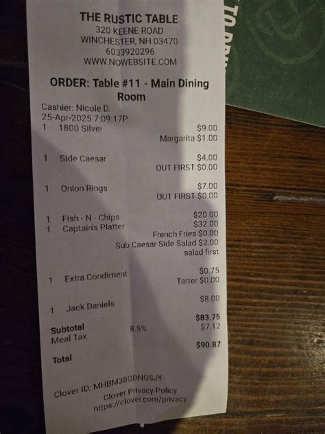 Menu at The Rustic Table restaurant, Winchester