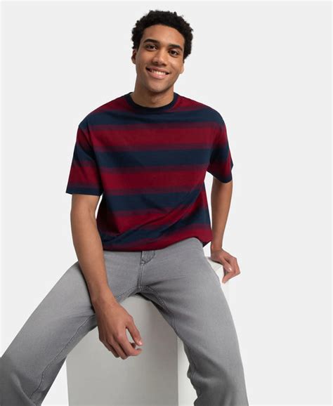 Buy Super Combed Cotton Rich Striped Oversized T-Shirt - Deep Red ...