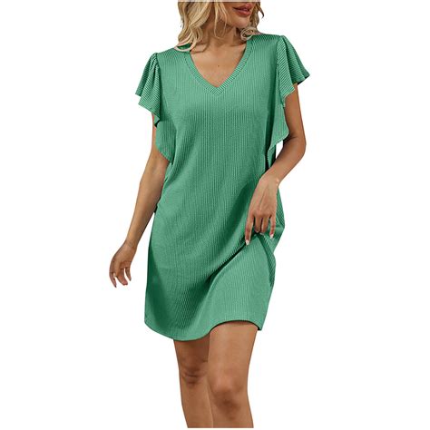 Arnsht Summer Dresses for Women Plain Casual Ruffle Sleeves Mini Dress ...