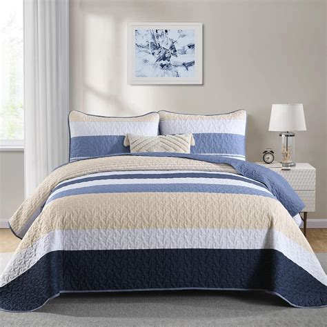 Amazon.com: Dinjoy Blue King Size Quilt Set,Boho Summer Bedspread Beige ...