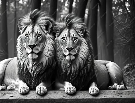 Premium Photo | A black and white picture of two lions with the mane of ...