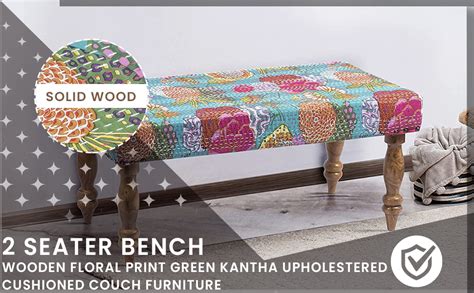 Ikiriya Bestone Solid Wood 2 Seater Bench Wooden Floral Print Green ...